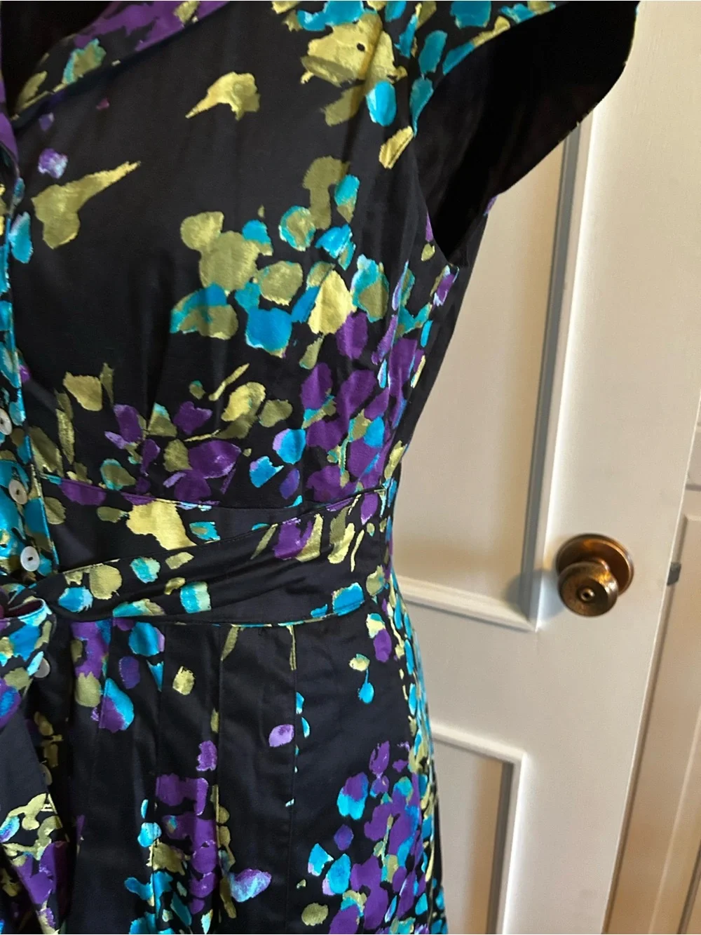 Black Floral Tie-Waist Shirt Dress with Teal and Purple Accents